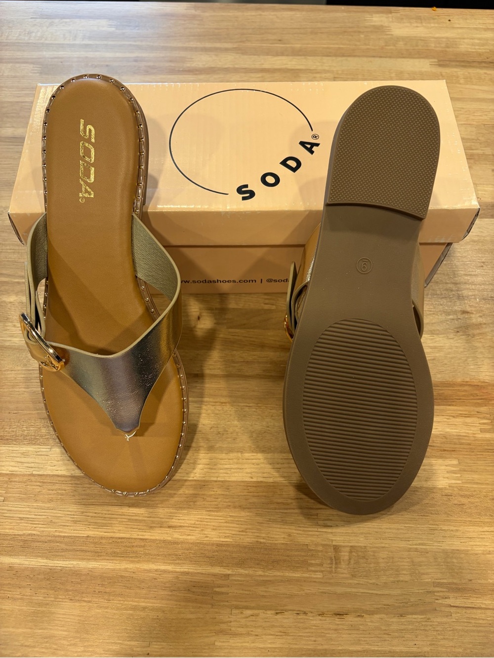 Soda Metallic Gold Thong Sandals with Buckle